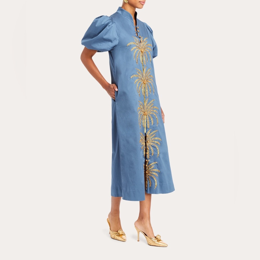 MESTIZA Elliana Gold Palm Embroidered Cotton Poplin Midi Dress in Blue Sz M $475 - Picture 5 of 16